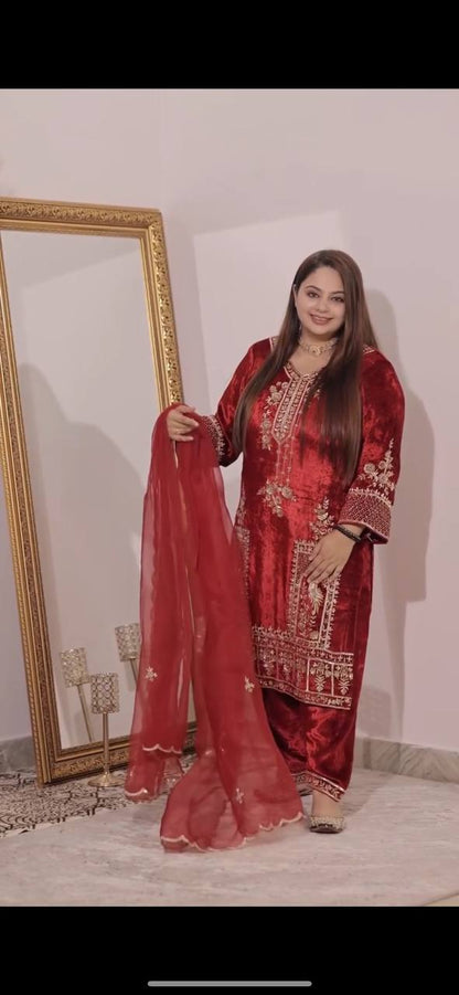 Imperial Red Velvet Embroidery Art Suit