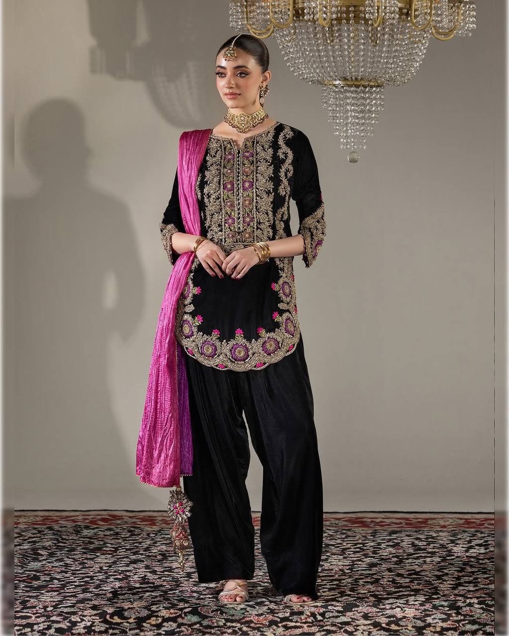 Opulent Velvet Elegance Farshi Salwar And Dupatta Set