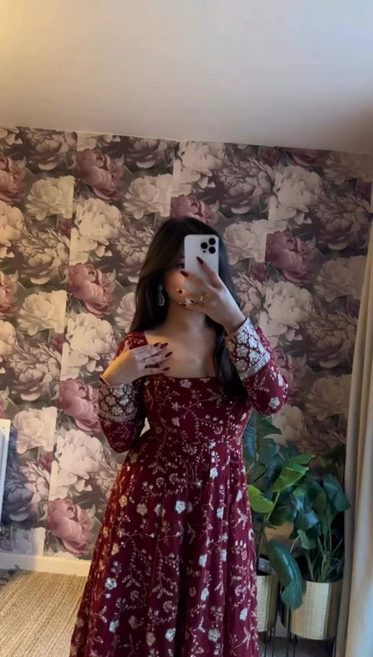 Tara’s Faux Georgette Anarkali Gown with Embroidery And Sequins