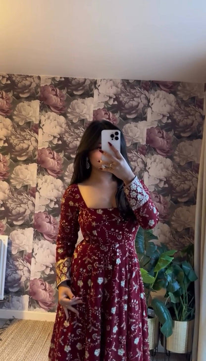 Tara’s Faux Georgette Anarkali Gown with Embroidery And Sequins