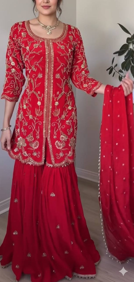 Royal Radiance Red Embroidered Sharara Set