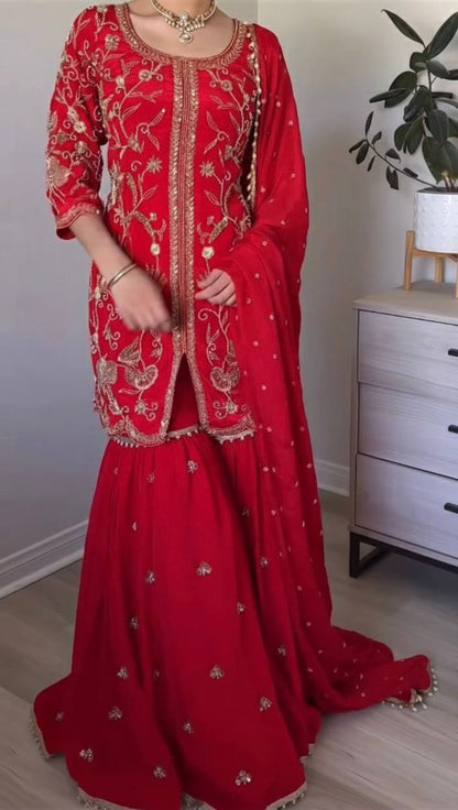 Royal Radiance Red Embroidered Sharara Set