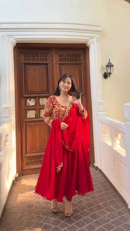 "Gulrooh Zari Anarkali – Scarlet Elegance in Bloom
