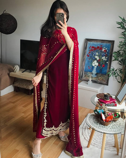 Aarvi Maroon Velvet Embroidered Suit Set