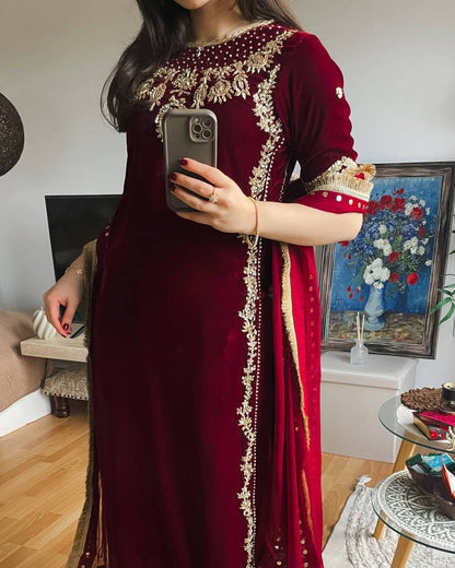 Aarvi Maroon Velvet Embroidered Suit Set