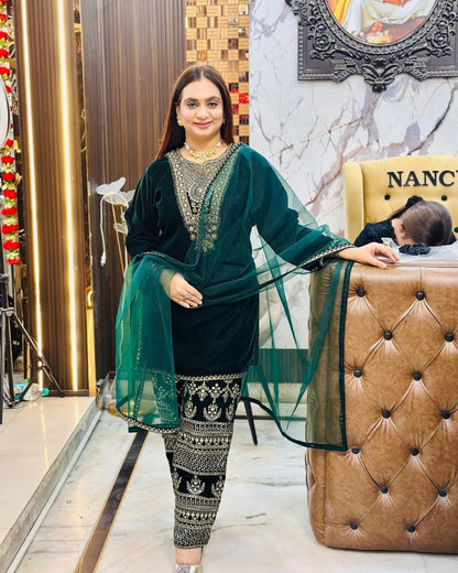 Regal Velvet Embroidery Work Suit Set