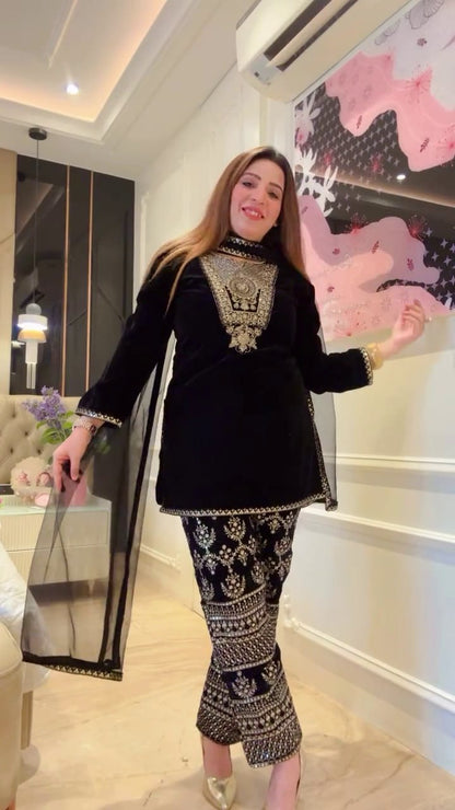 Regal Velvet Embroidery Work Suit Set