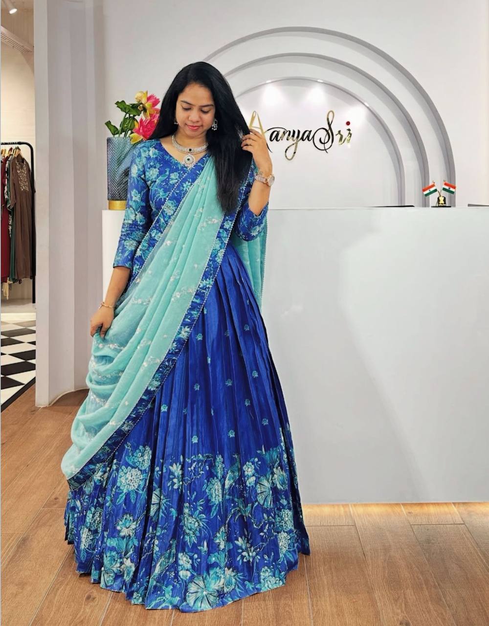 Lyra Blue Tones And Floral Design  Digital Print Draped Lehenga