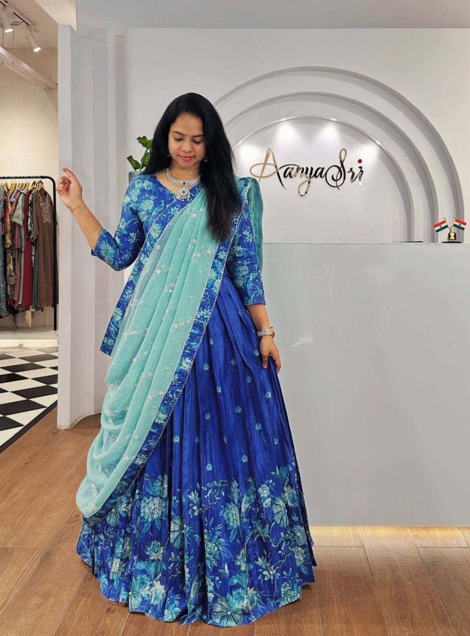 Lyra Blue Tones And Floral Design  Digital Print Draped Lehenga