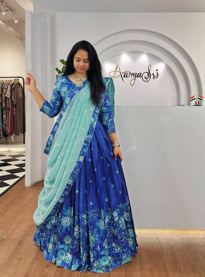 Lyra Blue Tones And Floral Design  Digital Print Draped Lehenga