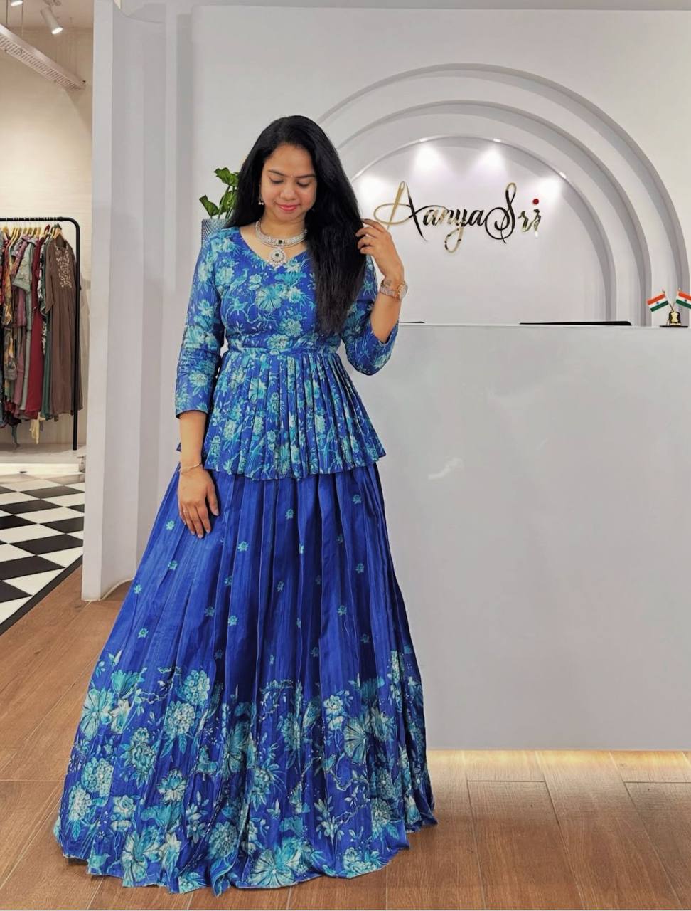 Lyra Blue Tones And Floral Design  Digital Print Draped Lehenga