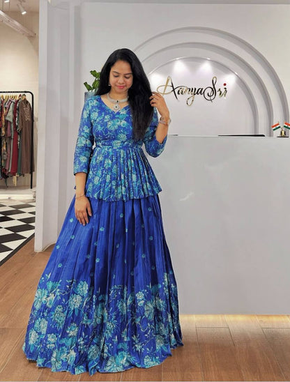 Lyra Blue Tones And Floral Design  Digital Print Draped Lehenga
