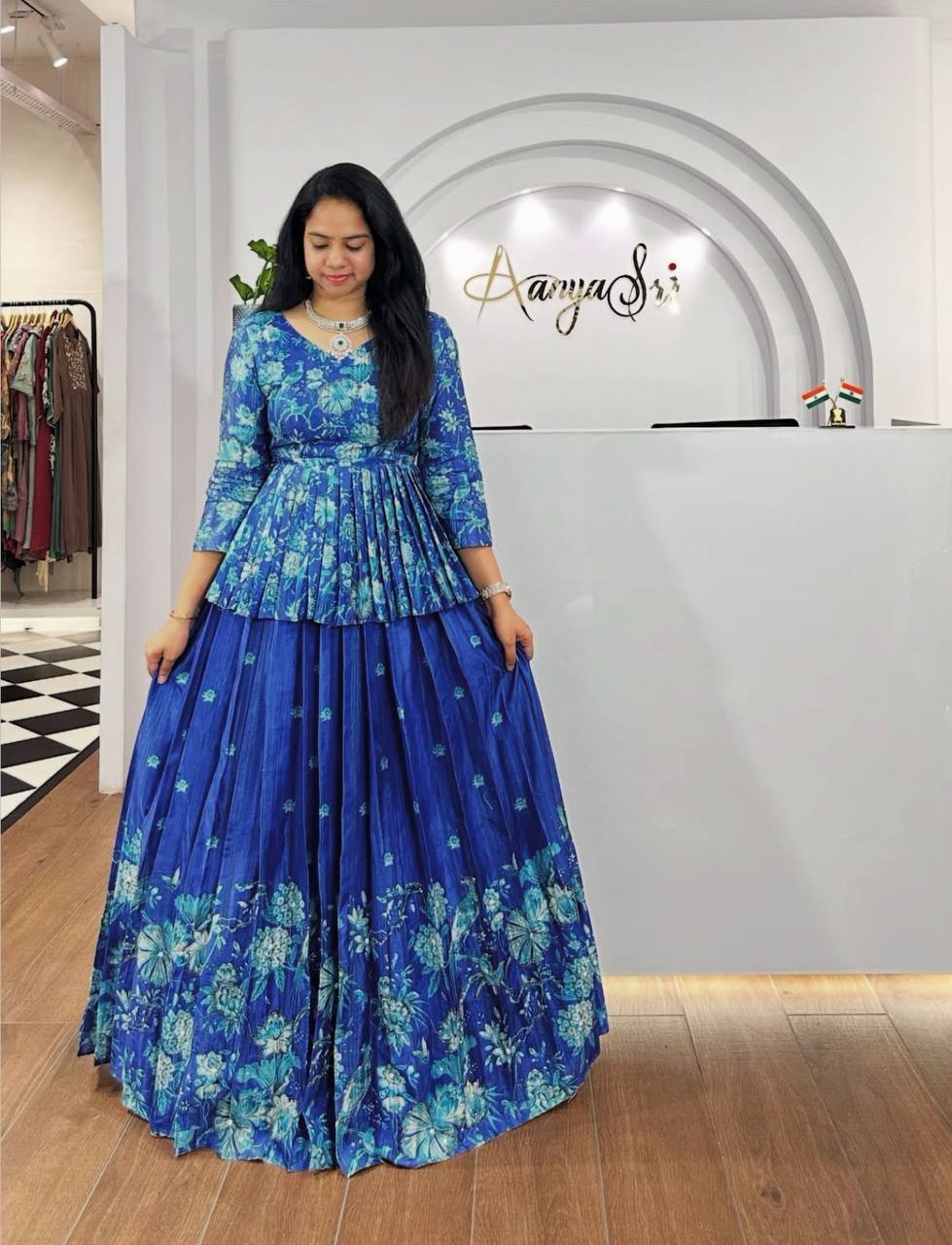 Lyra Blue Tones And Floral Design  Digital Print Draped Lehenga