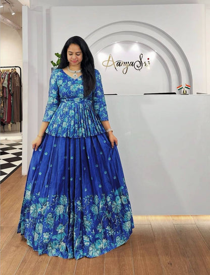Lyra Blue Tones And Floral Design  Digital Print Draped Lehenga