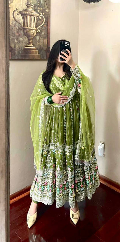 Olive Blossom Embroidered Georgette Gown Set