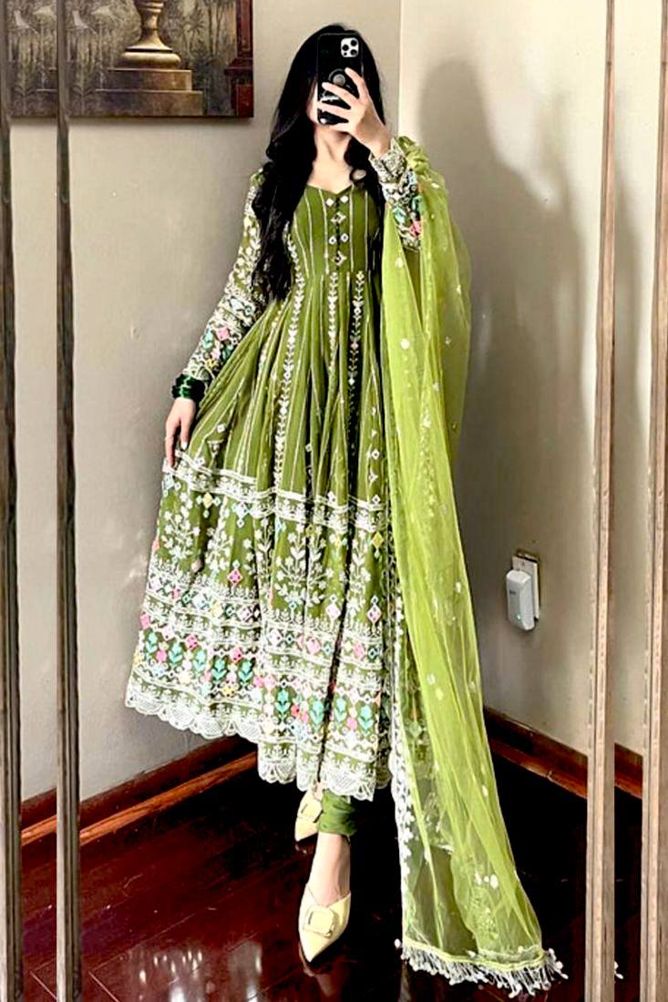Olive Blossom Embroidered Georgette Gown Set