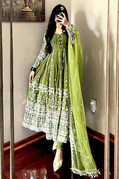 Olive Blossom Embroidered Georgette Gown Set