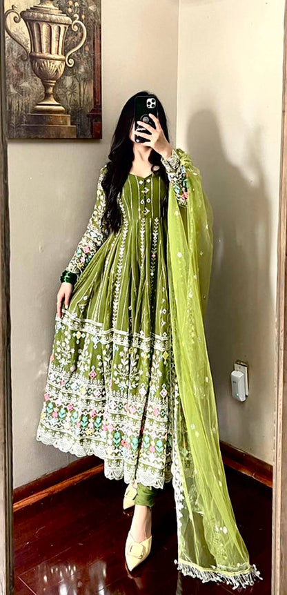 Olive Blossom Embroidered Georgette Gown Set