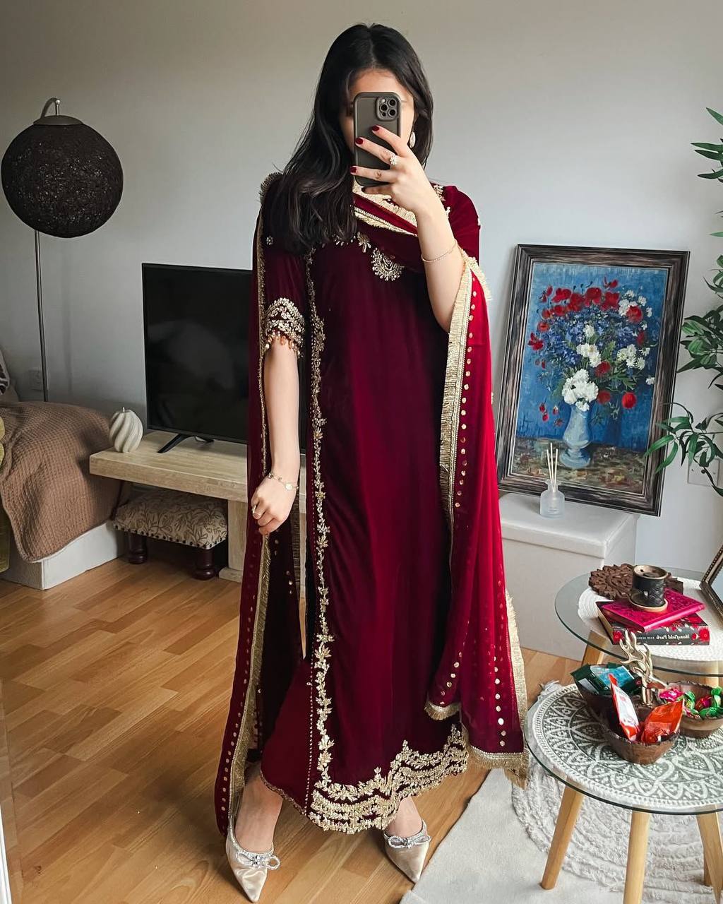Isha Maroon Velvet Embroidered Suit Set