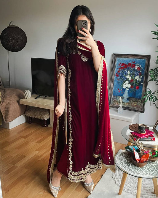 Isha Maroon Velvet Embroidered Suit Set