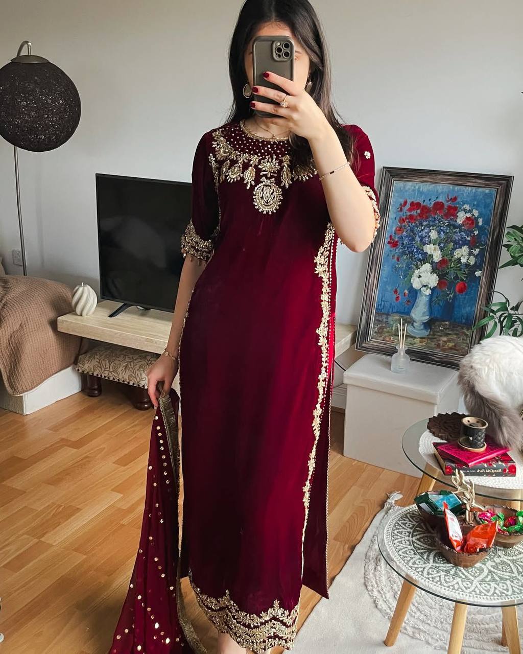 Isha Maroon Velvet Embroidered Suit Set