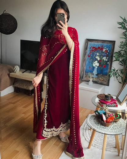 Isha Maroon Velvet Embroidered Suit Set