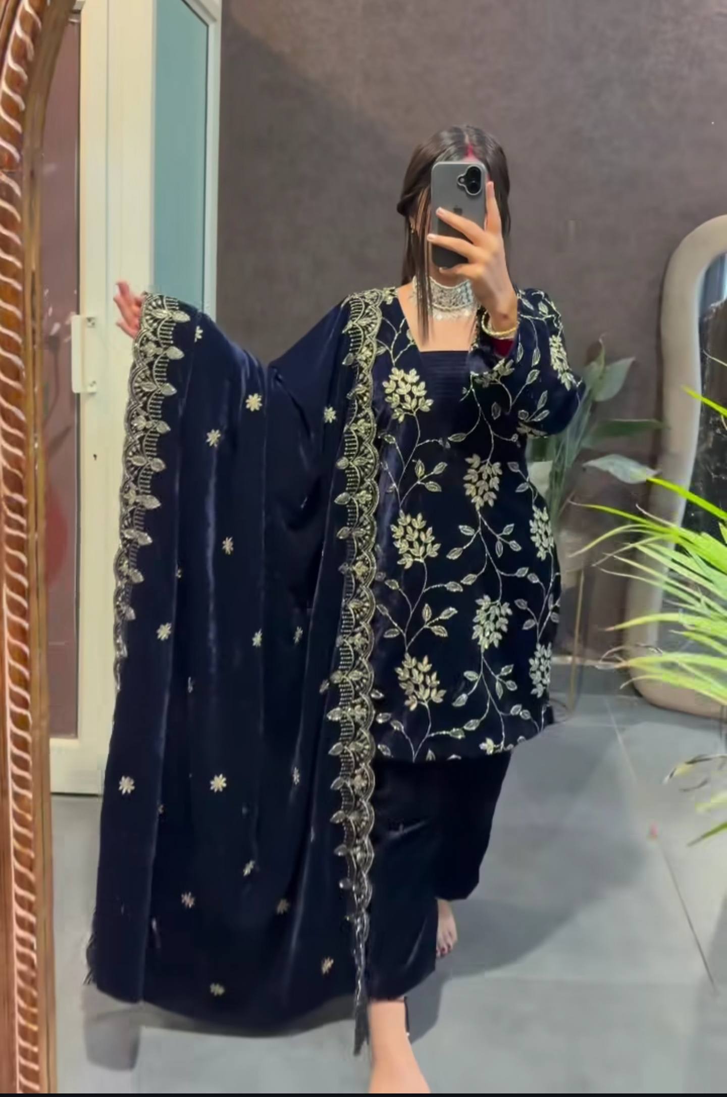 Blue Pure Velvet Multi-Sequence Embroidered Suit Set