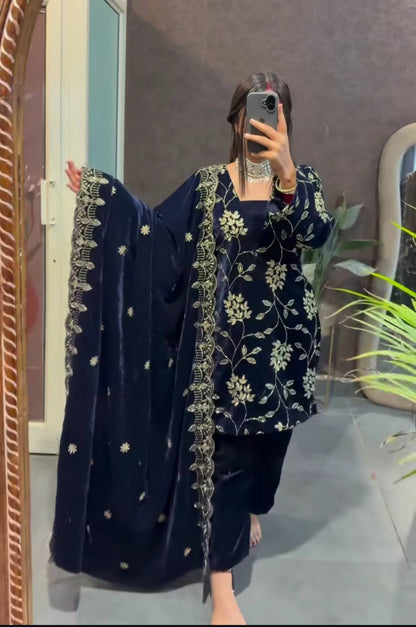 Blue Pure Velvet Multi-Sequence Embroidered Suit Set