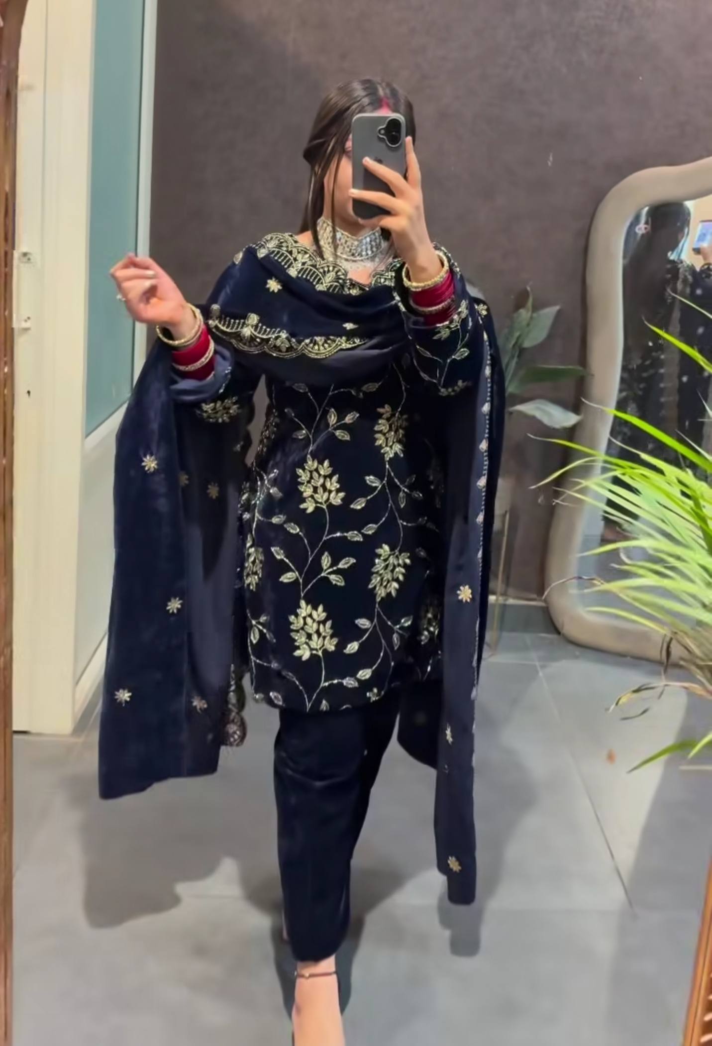 Blue Pure Velvet Multi-Sequence Embroidered Suit Set