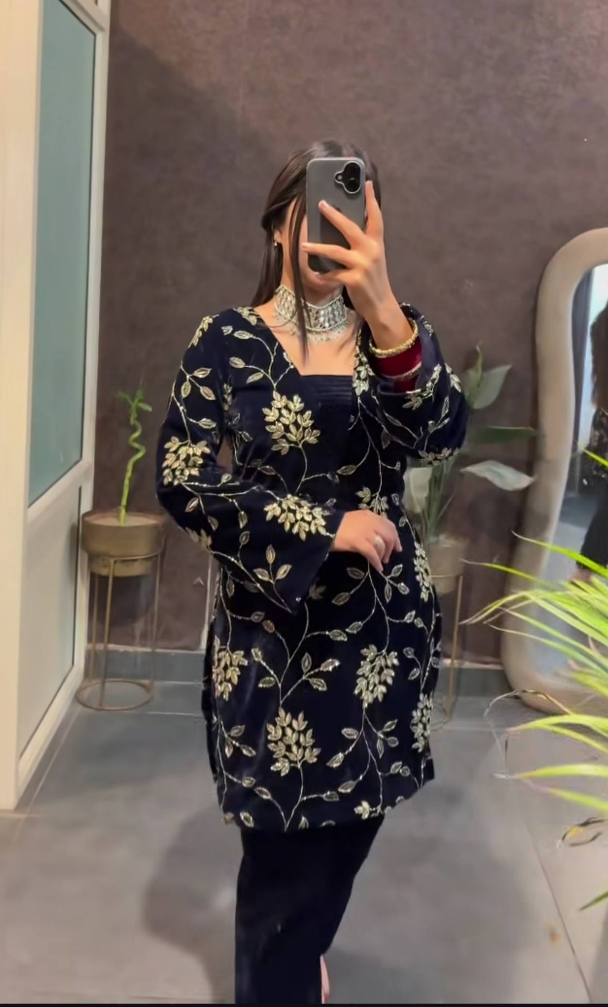 Blue Pure Velvet Multi-Sequence Embroidered Suit Set