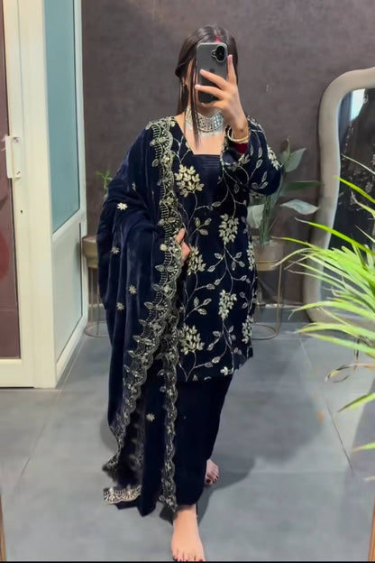 Blue Pure Velvet Multi-Sequence Embroidered Suit Set