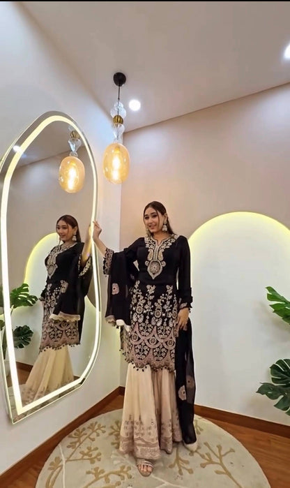 Black French Crape Sequin Sharara Suit Set