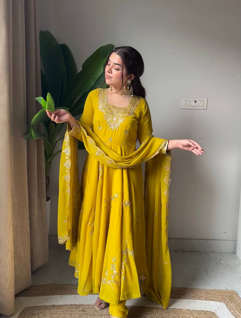 Jivika Mustard Yellow Embroidered Anarkali Set with Dupatta