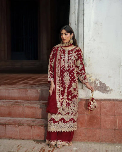 Heritage Maroon Embroidered Luxe Suit Set