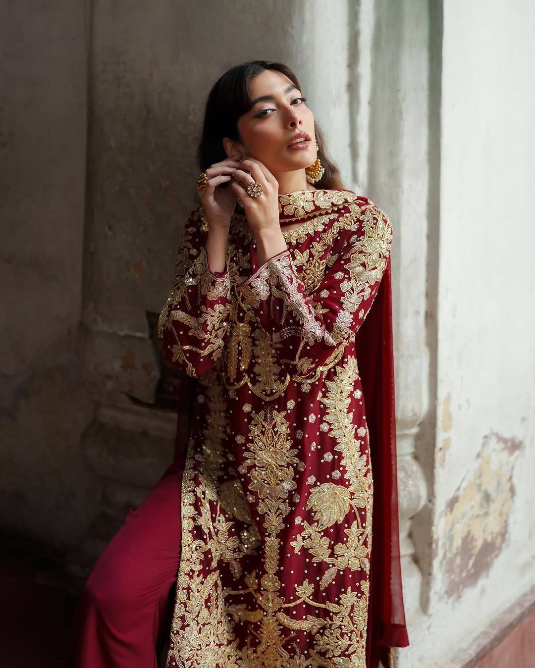 Heritage Maroon Embroidered Luxe Suit Set