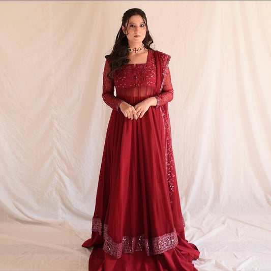 Crimson Zari Blooming Embroidered Anarkali Set