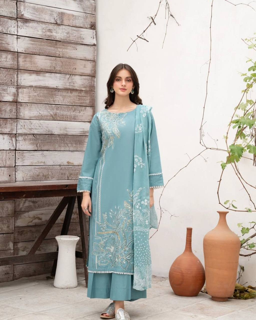 Elegant Sky Blue Embroidered Kurta Set Minimalist Summer Look