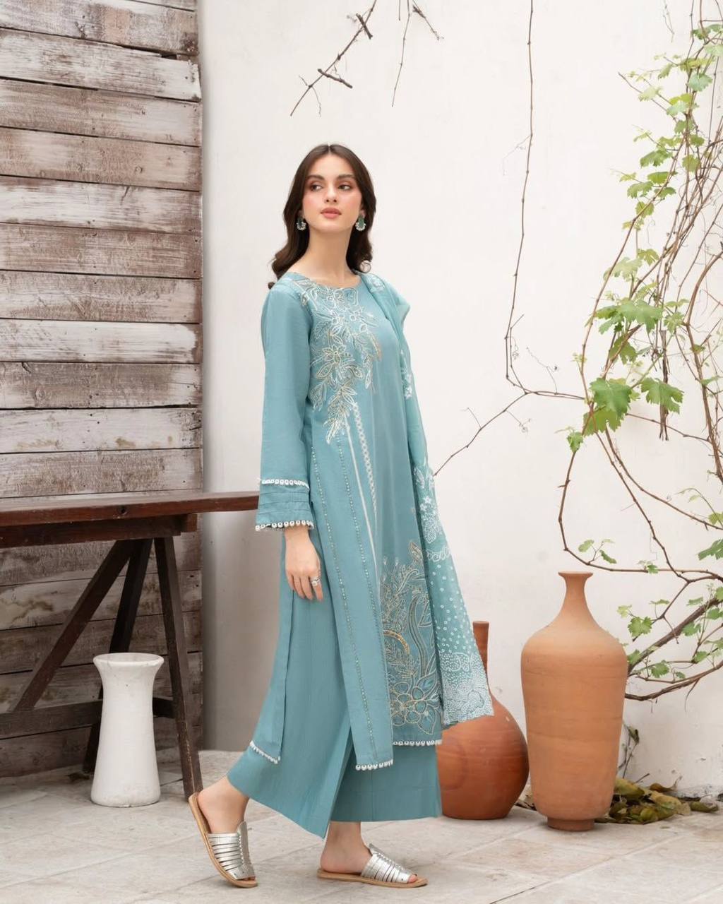 Elegant Sky Blue Embroidered Kurta Set Minimalist Summer Look