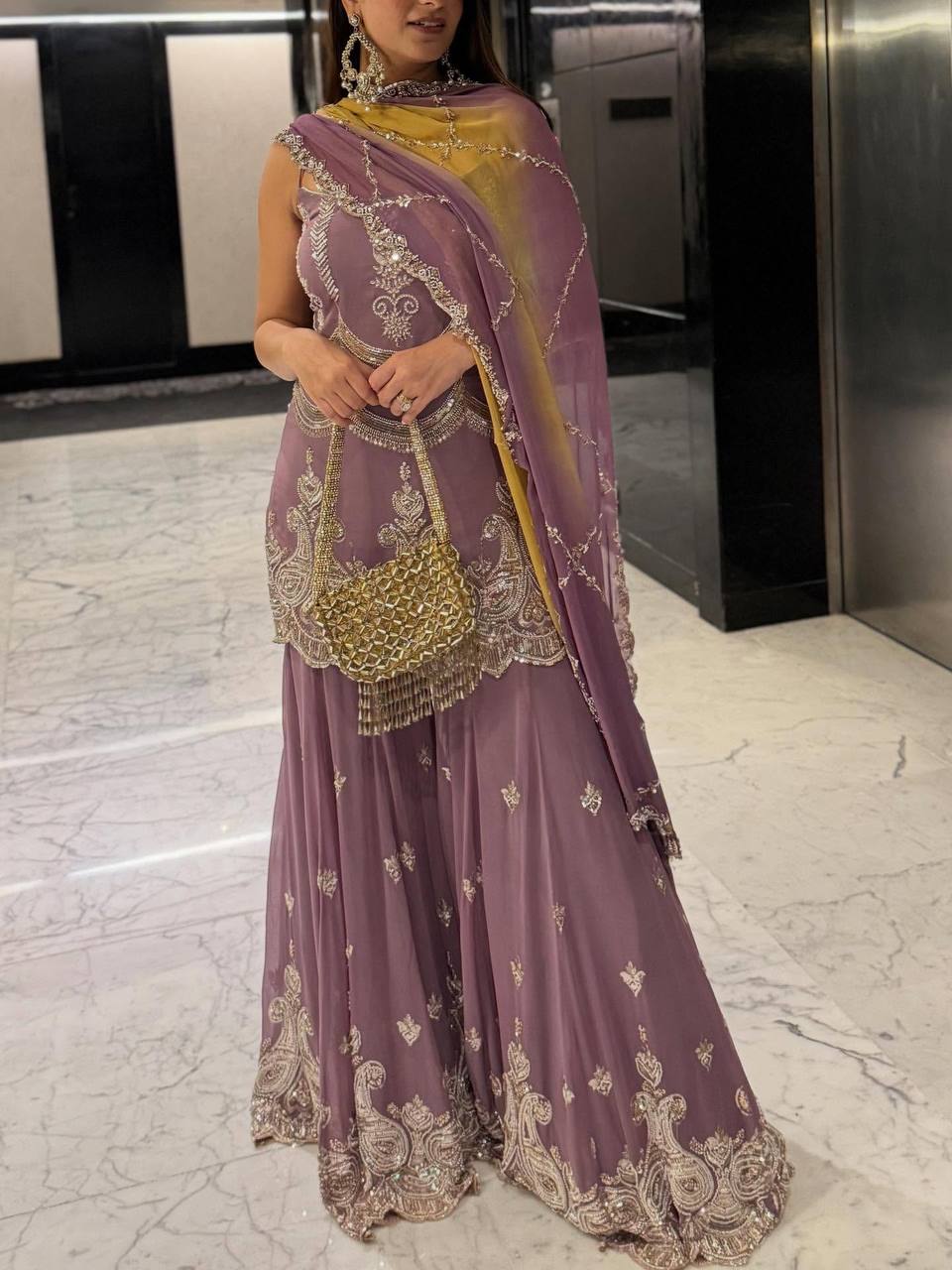 Lavender Embroidered Georgette Sharara Set