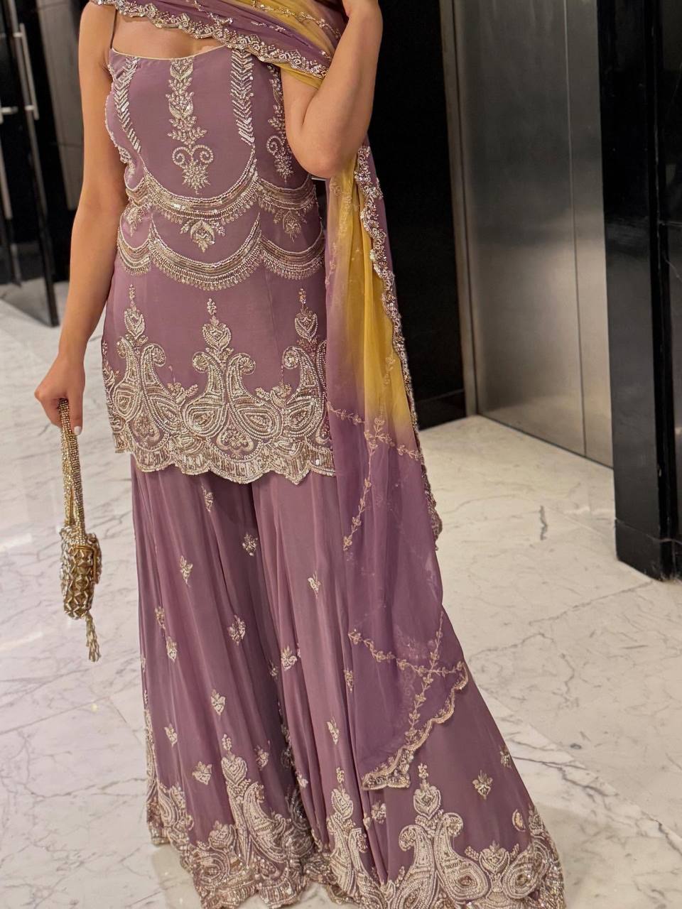 Lavender Embroidered Georgette Sharara Set