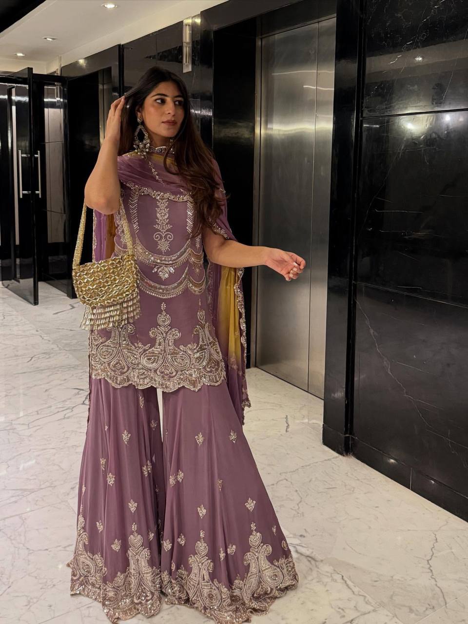 Lavender Embroidered Georgette Sharara Set