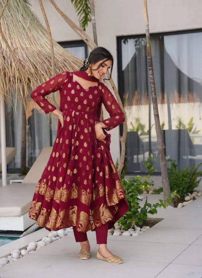 Regal Maroon Grace Golden Motif Anarkali Charm