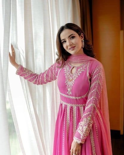 Pink Bluse Designer Party Wear Faux Georgette Gown