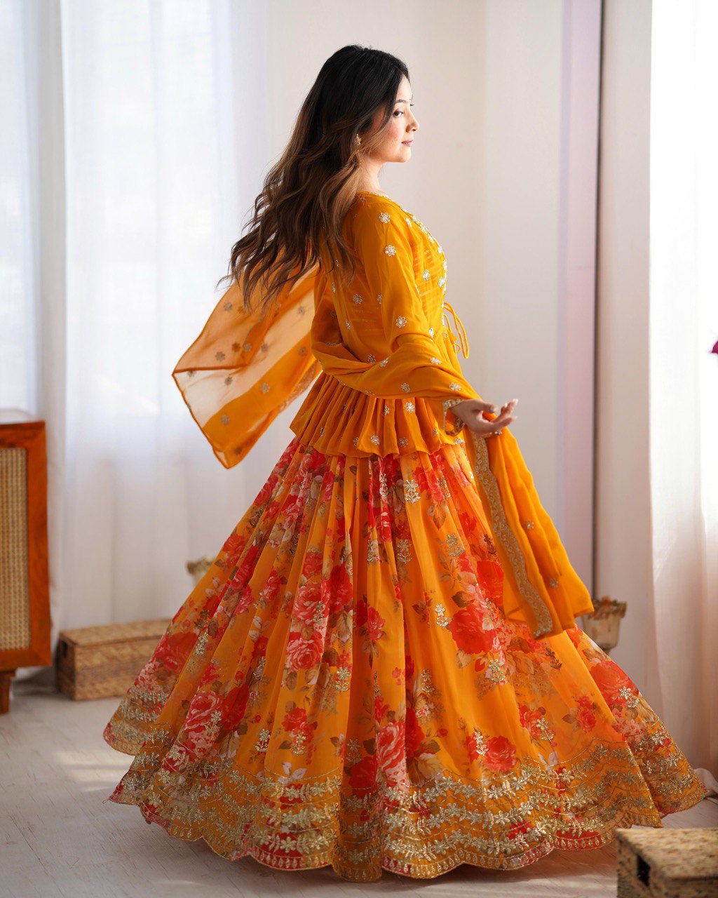Saffron Bloom Embroidered Designer Peplum Lehenga Set