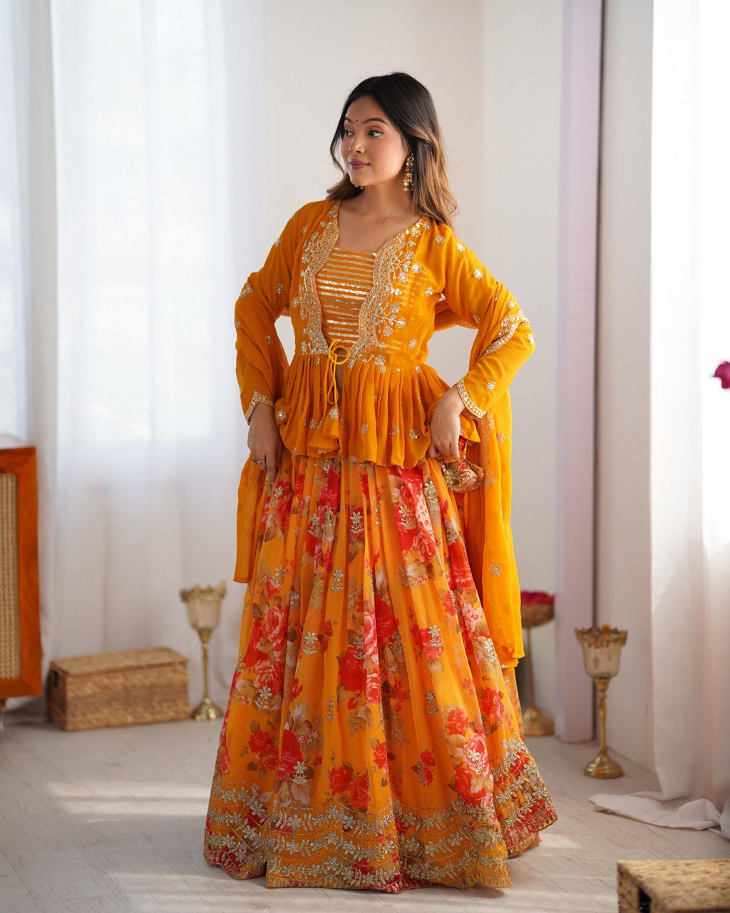 Saffron Bloom Embroidered Designer Peplum Lehenga Set