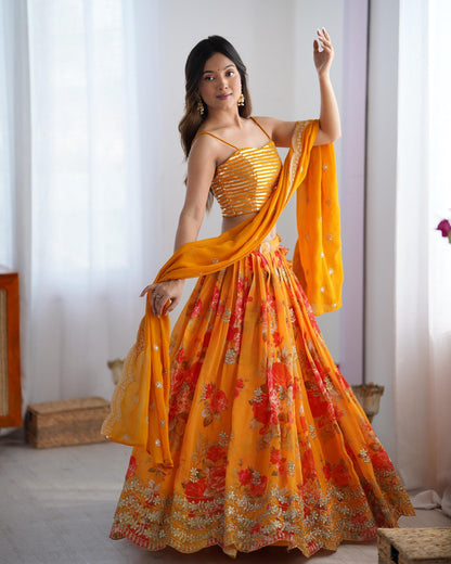 Saffron Bloom Embroidered Designer Peplum Lehenga Set