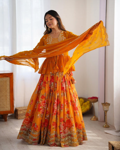 Saffron Bloom Embroidered Designer Peplum Lehenga Set