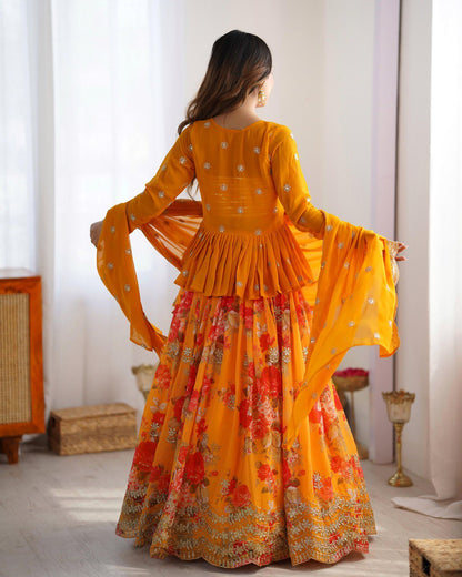 Saffron Bloom Embroidered Designer Peplum Lehenga Set