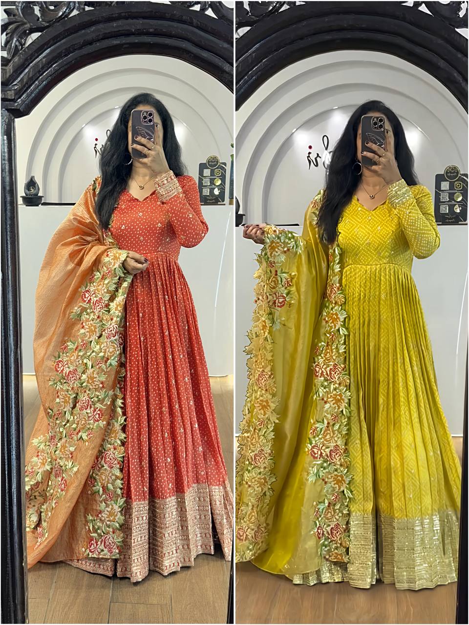 Prisha Golden Heavy chinon silk Party Wear Designer Anarkali