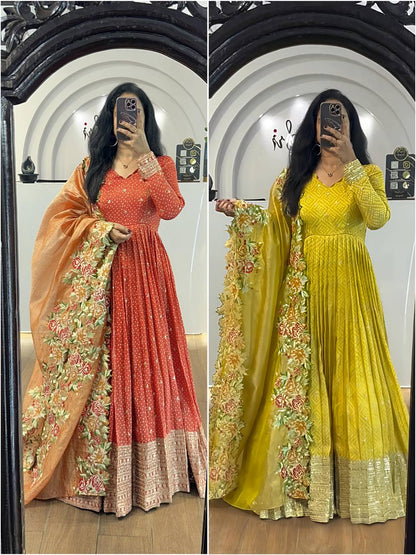 Prisha Golden Heavy chinon silk Party Wear Designer Anarkali